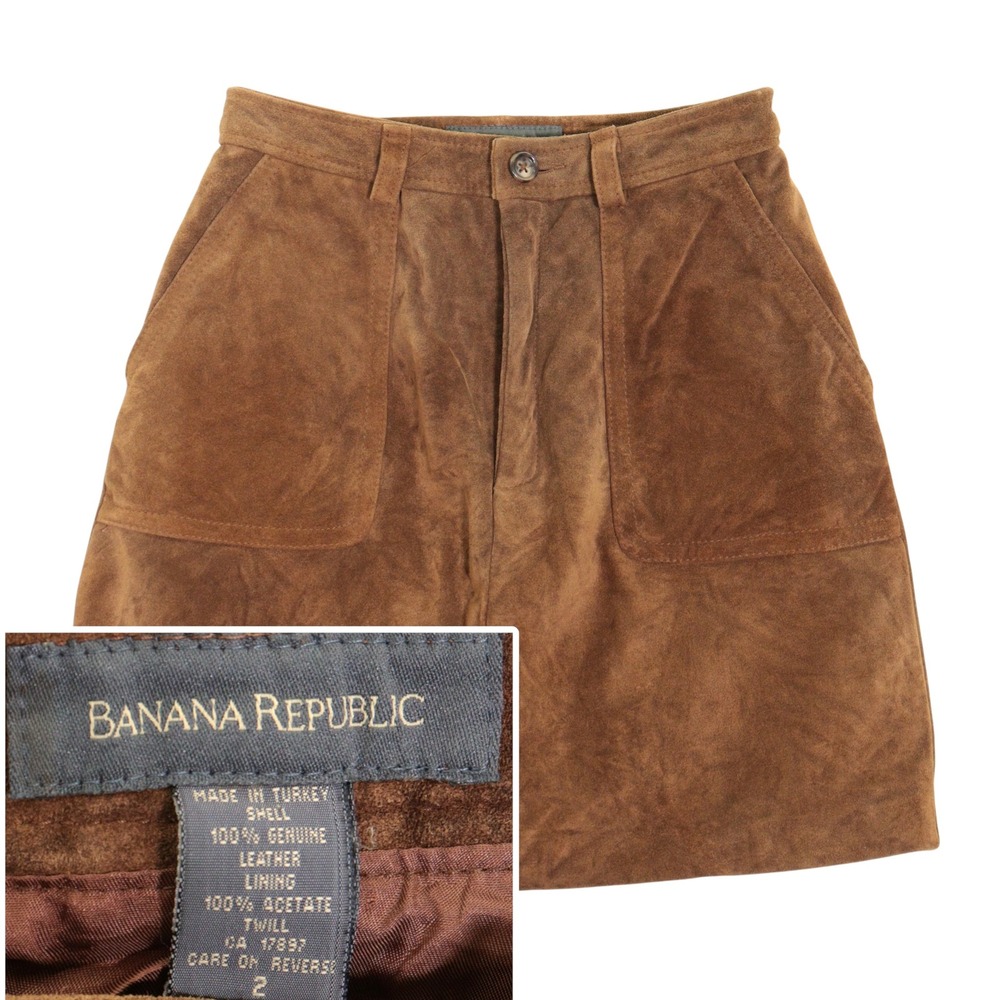 VTG Banana Republic Mini Skirt Suede Boho A-Line Brown Leather Pockets Women 2